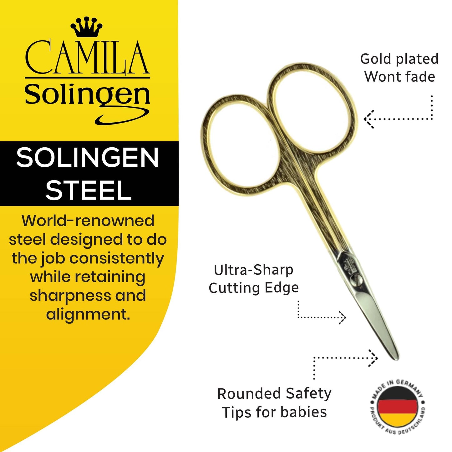 Camila Solingen CS01 Safety Tip Baby Nail Scissors for Manicure and Pedicure, Hypoallergenic Gold Plated Grooming Scissors for Toddler Nail Care, Made of Carbon Steel in Solingen, Germany
