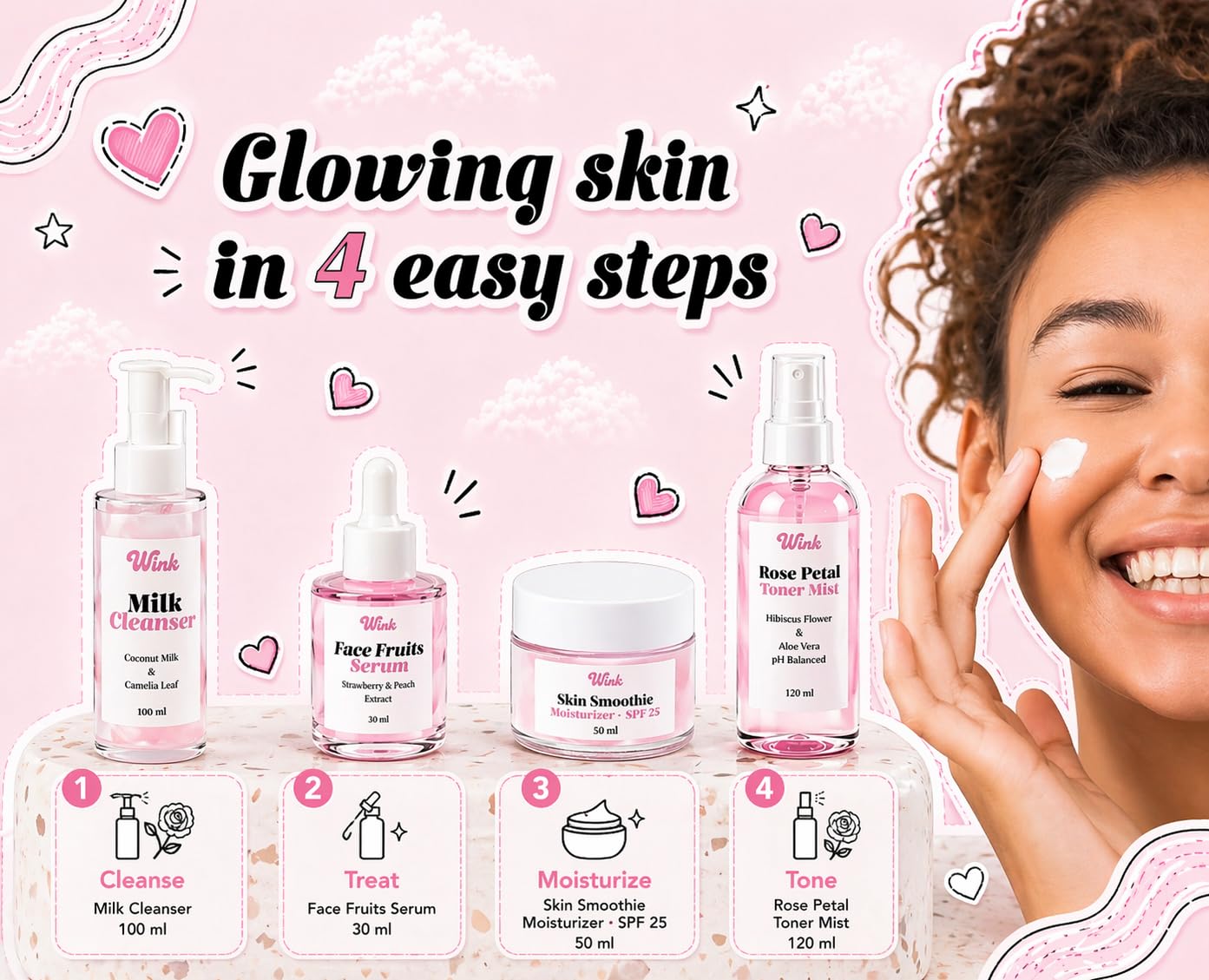 Wink Skin Care Kit for Teens - Plant-Based 4-Piece Facial Set with Cleanser, Toner, Serum & SPF Moisturizer | Ideal for Girls & Tweens