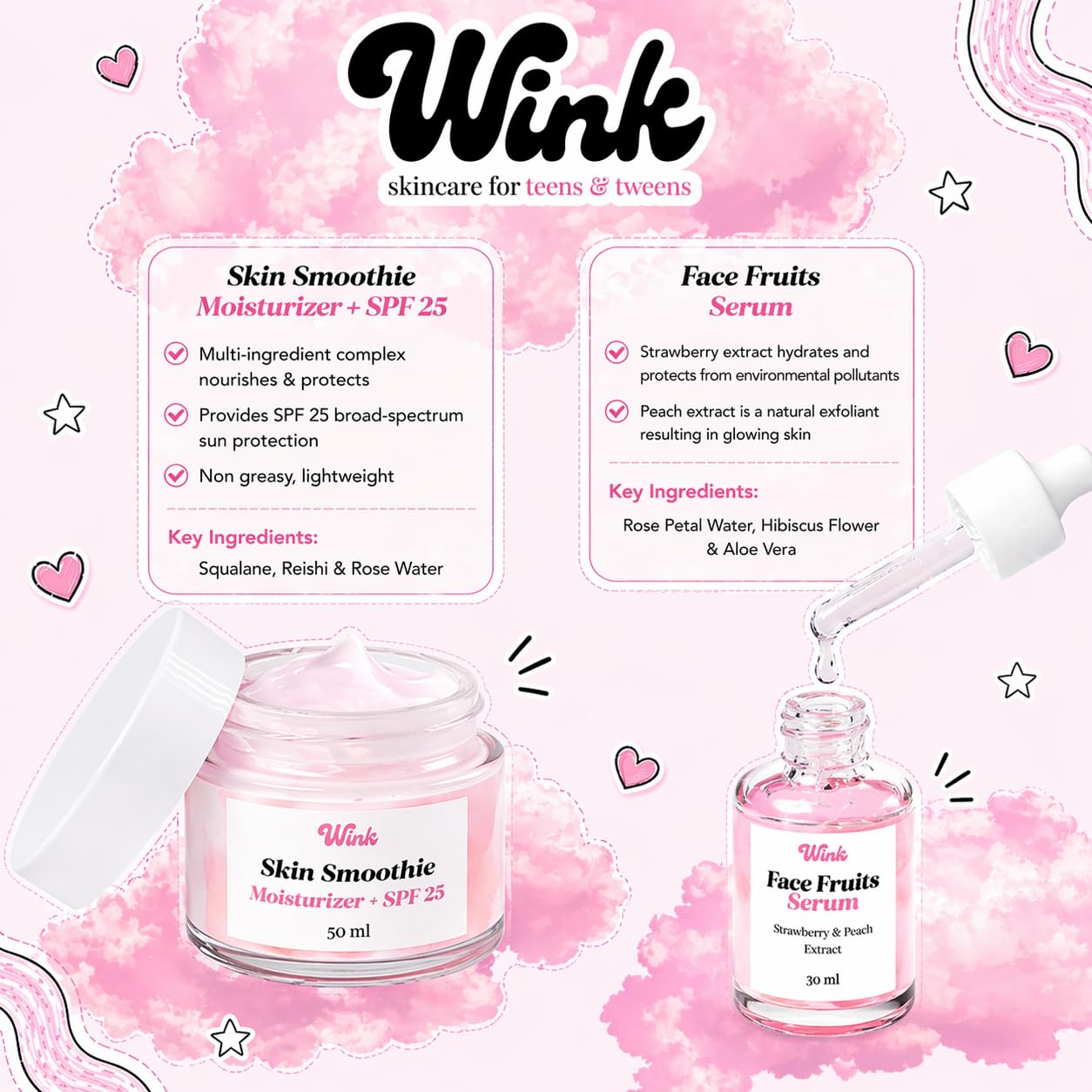 Wink Skin Care Kit for Teens - Plant-Based 4-Piece Facial Set with Cleanser, Toner, Serum & SPF Moisturizer | Ideal for Girls & Tweens