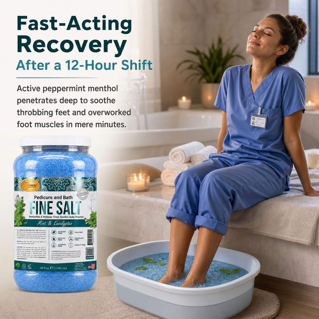 SPA REDI - Detox Foot Soak Pedicure and Bath Fine Salt, Mint and Eucalyptus, 128 Oz - Made with Dead Sea Salts, Argan Oil, Coconut Oil, and Essential Oil - Hydrates, Softens & Moisturizes Pkg May Vary