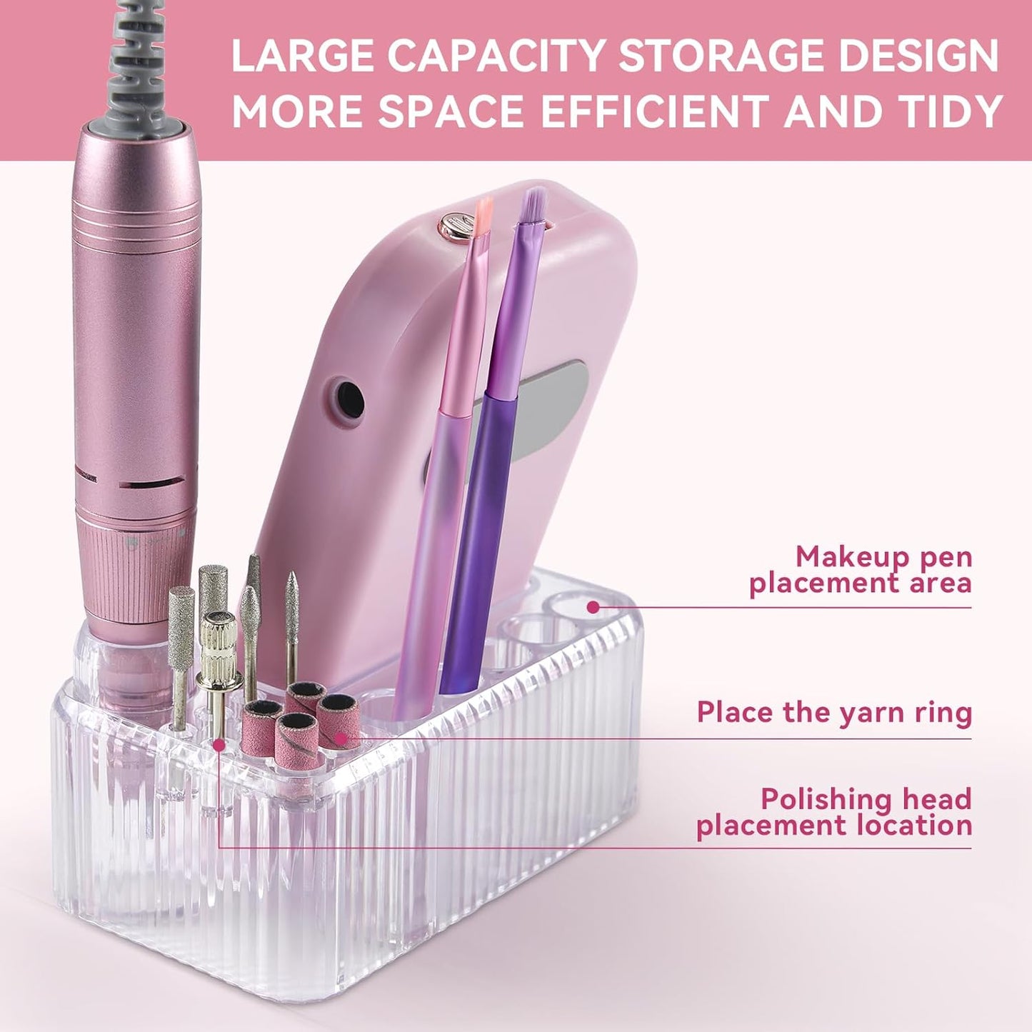 Portable Nail Drill - 45000RPM Electric File for Acrylic Nails | Cordless Rechargeable E-File with Bits & Base
