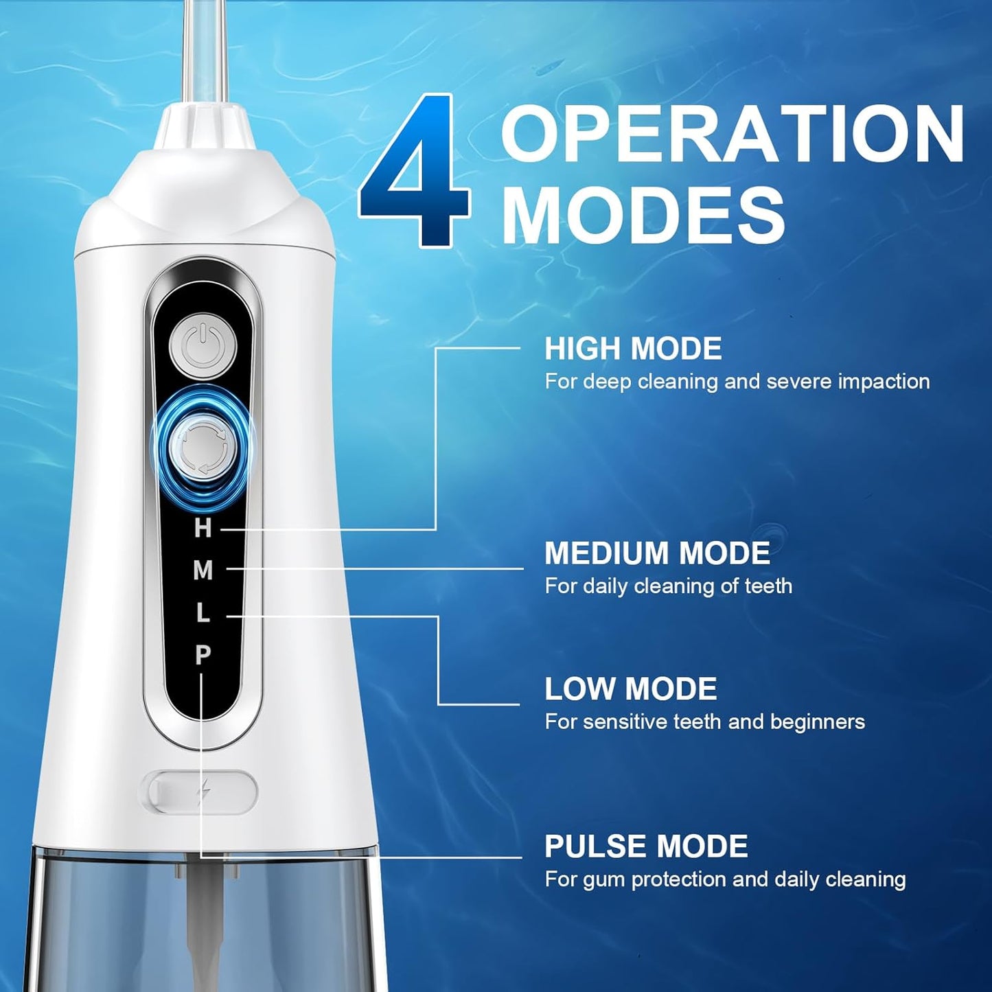 Water Flosser - Portable Cordless Oral Irrigator with 4 Modes & 4 Nozzles | 350ML, IPX7 Waterproof Design for Travel & Daily Gum Care