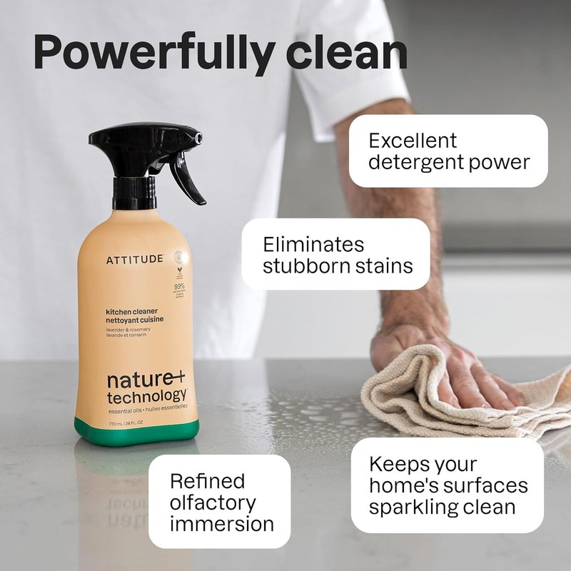 ATTITUDE Kitchen Cleaner Spray - Plant-Based Degreaser for Grease & Grime | Lavender & Rosemary Scent, 26 Fl Oz