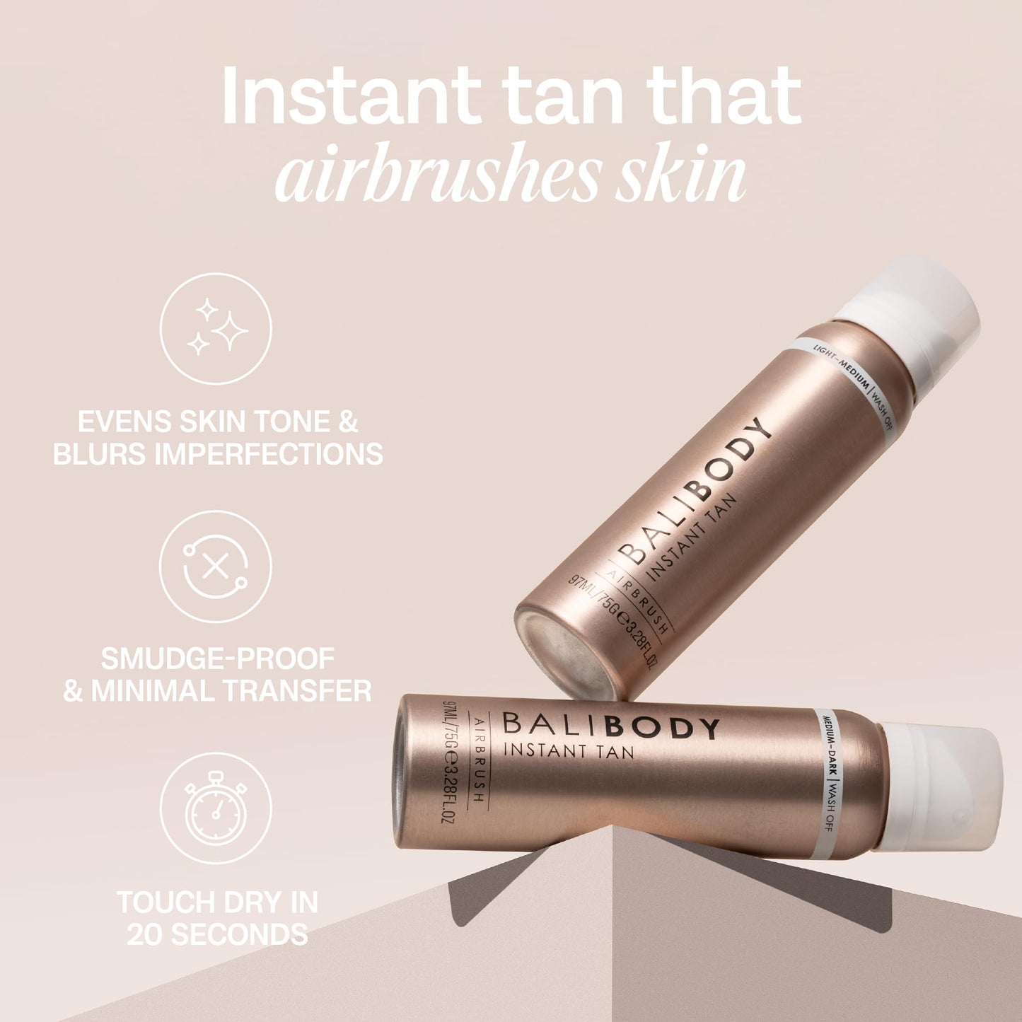 Bali Body Instant Tan Medium-Dark - Instant Tan & Sunless Tanning Solution - Self Tanner for Dark & Airbrushed Glow, Vitamin E, Vegan & Cruelty-Free, Glow Body Self Tanners (97 ml/3.28 fl oz)