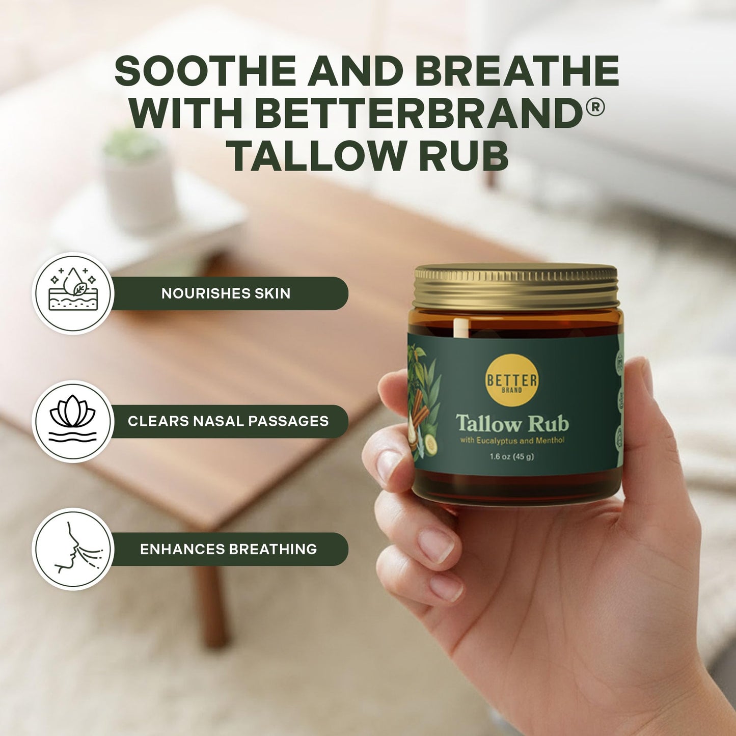 Betterbrand Petroleum-Free Medicated Tallow Rub – Natural Vapor Rub Alternative with Menthol & Eucalyptus - Grass-Fed Tallow Balm for Chest Congestion Relief - 1.6oz