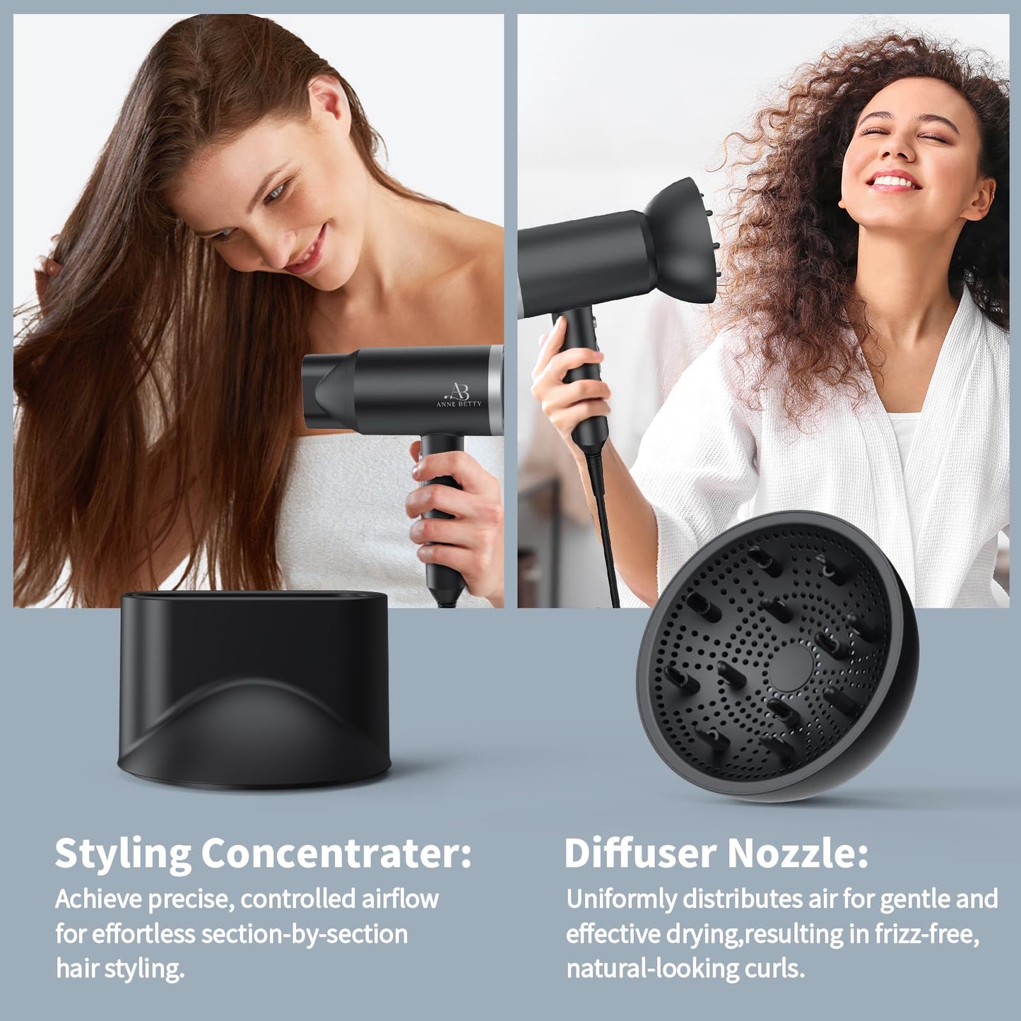 ANNE BETTY Ionic Hair Dryer with Diffuser, 1800W Blow Dryer for Women & Men, Fast-Drying, Lightweight, Low Noise, Hair Care Styling Tool for Home, Travel, Gifting