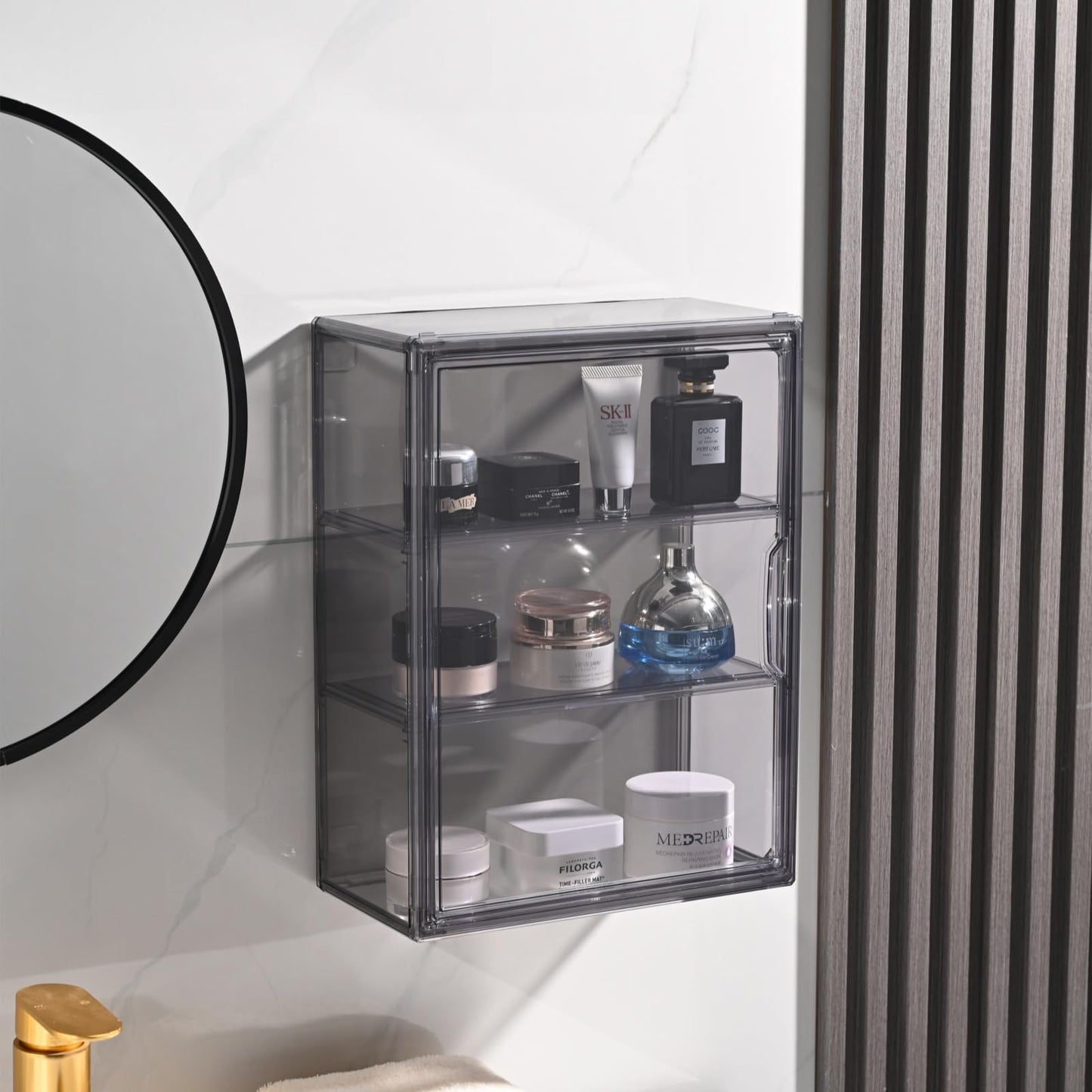 BOHOIDEE 2PACK 3 Tiers Acrylic Display Case with 2 Division Boards, Acrylic Storage Organizers Box with Magnetic Door, Wall-Mounted Dustproof Showcase for Makeups, Purses, Figure