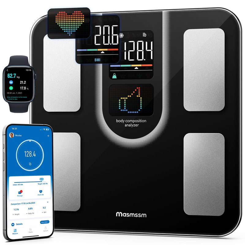 Masmssm Scale for Body Weight, FSA&HSA Eligible, Smart Scale with 9-in-1 VA Display, Bathroom Scale with 22 Body Metrics, Heart Rate, BMI, Body Fat, Muscle Mass, Compatible with iOS & Android