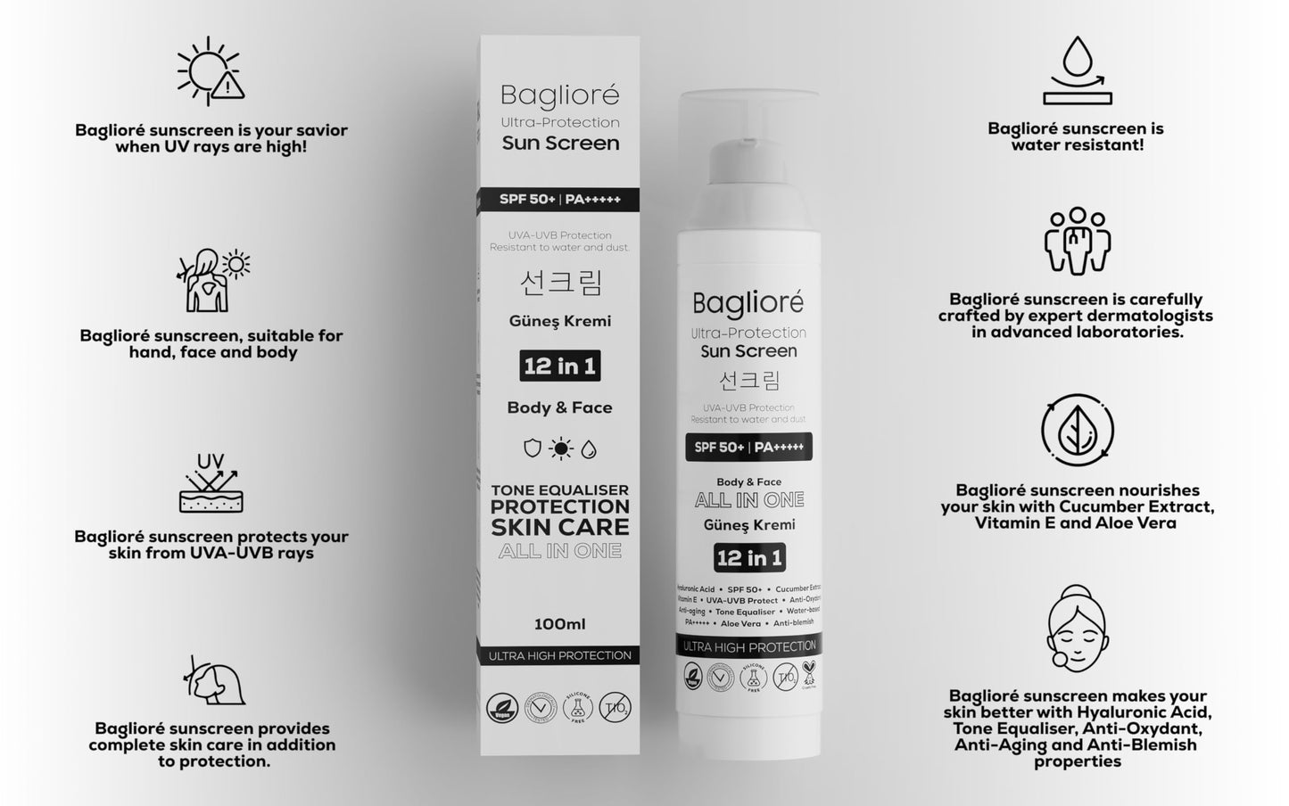 Bagliore Ultra-Protection Sunscreen, SPF 50+, Moisturizer with Zinc Oxide & Hyaluronic Acid, PA+++++, 12 in 1, Body & Face, 3.38 fl oz