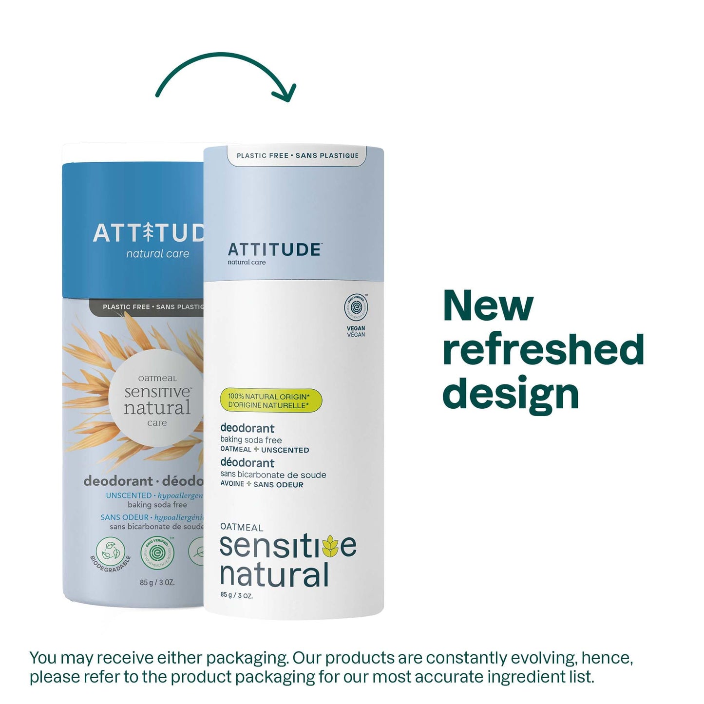 ATTITUDE Baking Soda Free Deodorant for Sensitive Skin with Oatmeal, EWG Verified, Aluminum Free, Plastic-Free, Unscented, 3 Ounces