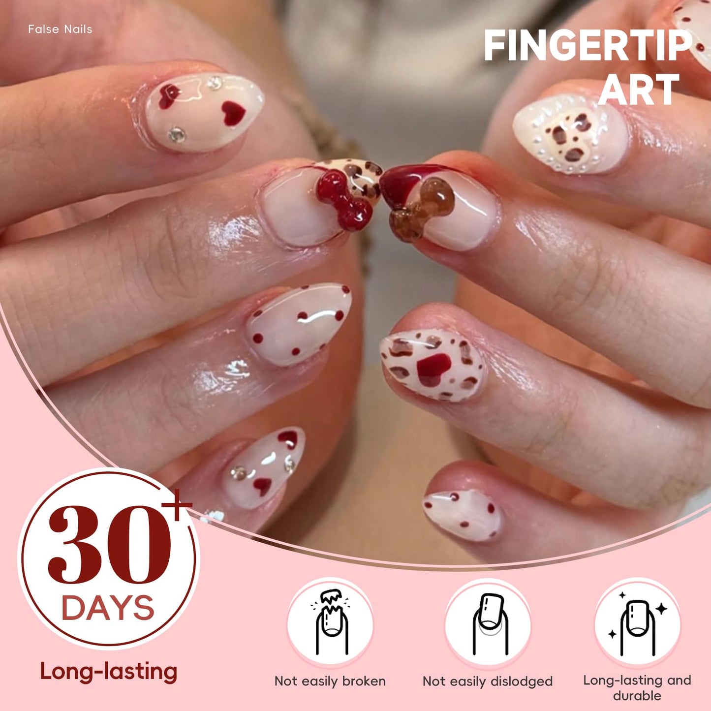 HOSAILY Polka Dot Press on Nails Short Almond, 3D Cute Bow Valentines Fake Nails with Heart Pearl Leopard Design, 24pcs Glossy Red French Rhinestones Glue on Nails, Stick on Nails Press ons for Women