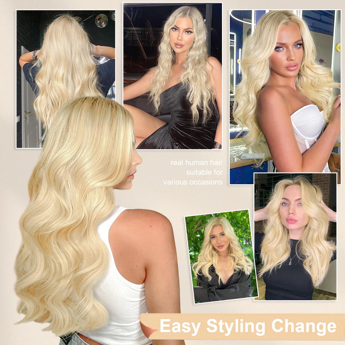 Real Human Hair Wire Extensions - 14 Inch Bleach Blonde Straight Hair | 80g Invisible Fish Line