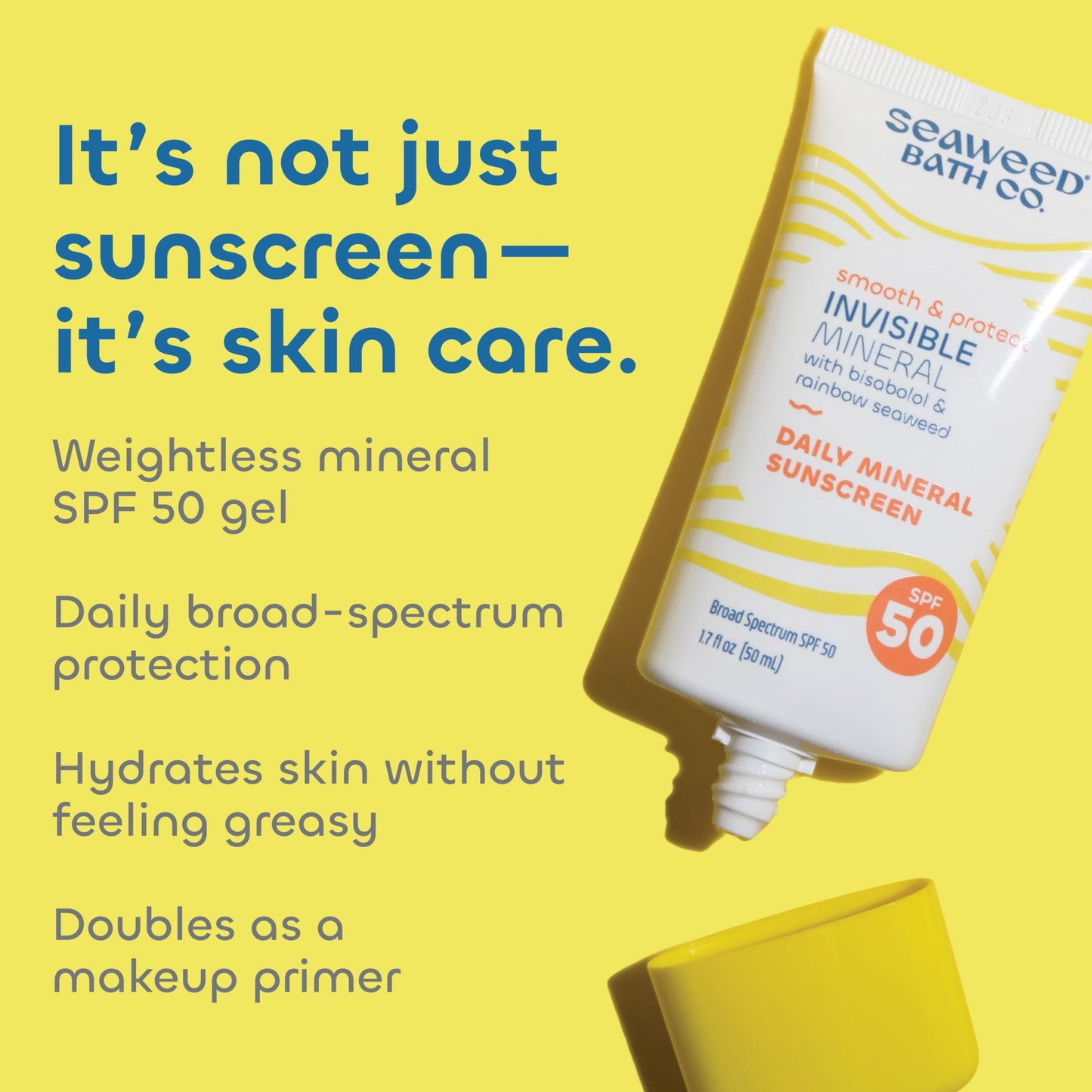 Seaweed Bath Co Smooth & Protect Invisible Mineral Sunscreen SPF 50 - Lightweight, Non-Greasy Zinc Oxide Face Sunscreen Gel - Daily Fragrance Free Moisturizer Primer with SPF, 1.7 oz