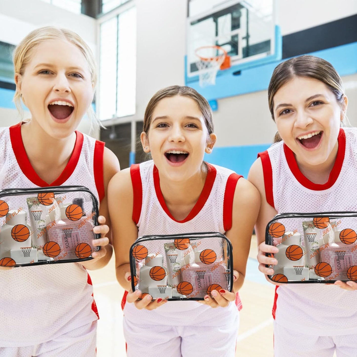 Basketball Clear Makeup Bags - 24-Pack Waterproof PVC Cosmetic Pouches | Party Favors & Team Gifts