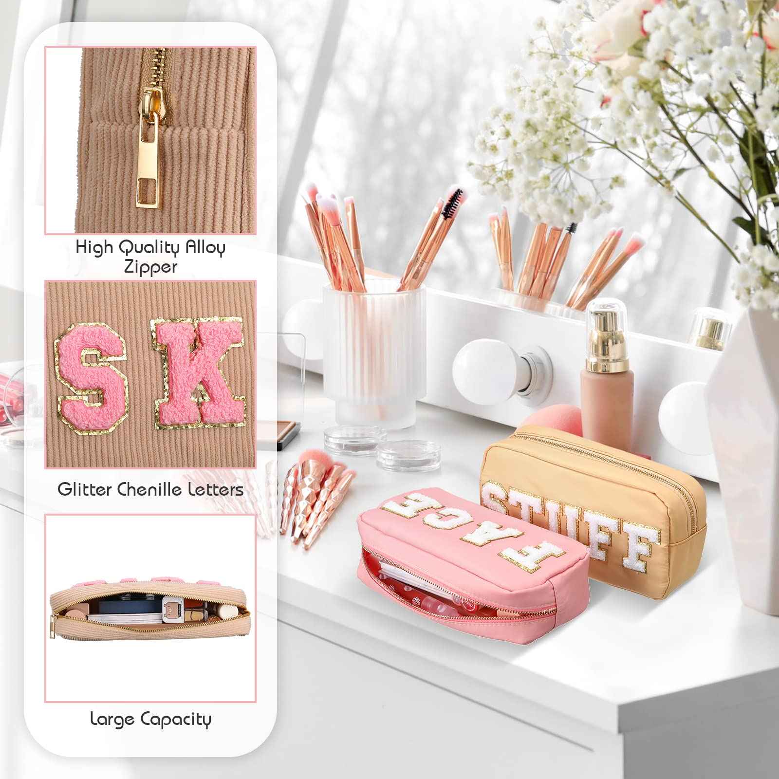 Kajaia 4 Pcs Preppy Makeup Bags Chenille Letter Bag Hair Face Skin Stuff Cosmetic Pouch Cases for Women Travel Toiletry Spend The Night(Simple Color,Charming)