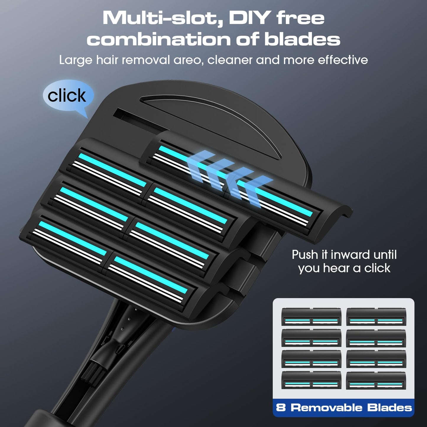 ZOMU Back Shavers for Men:Back Hair Shaver and Body Shavers for Men with Safety Blade Technology & Ergonomic DIY Long Handle, Wet or Dry Shaving-Blue(Replaceable 8PCS 3.5inch Blades Included)