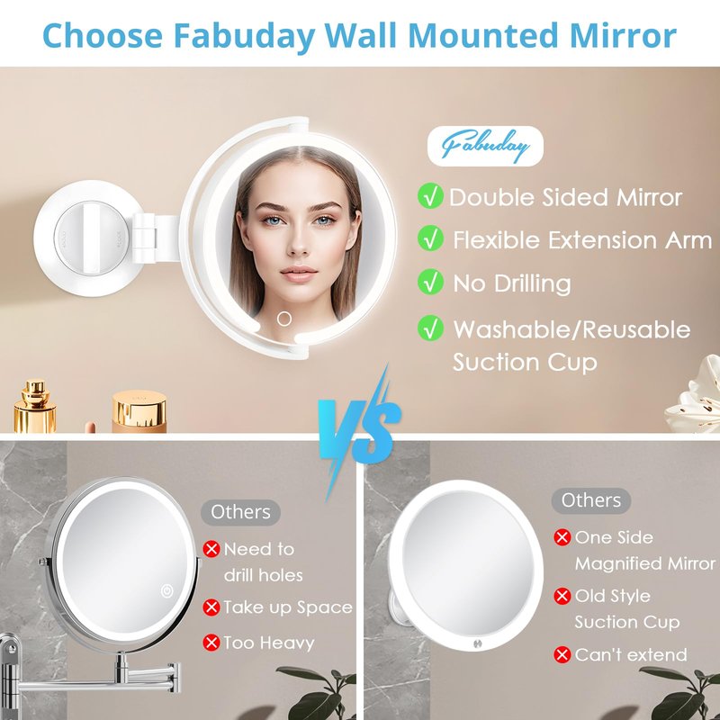 Fabuday Wall Mounted Magnifying Makeup Mirror with Lights - 1x/30x Double Sided Lighted Magnification Mirror with Suction Cup, Rechargeable Mirrors with Extended Arm, 3 Color LED Lighting, 7 Inch