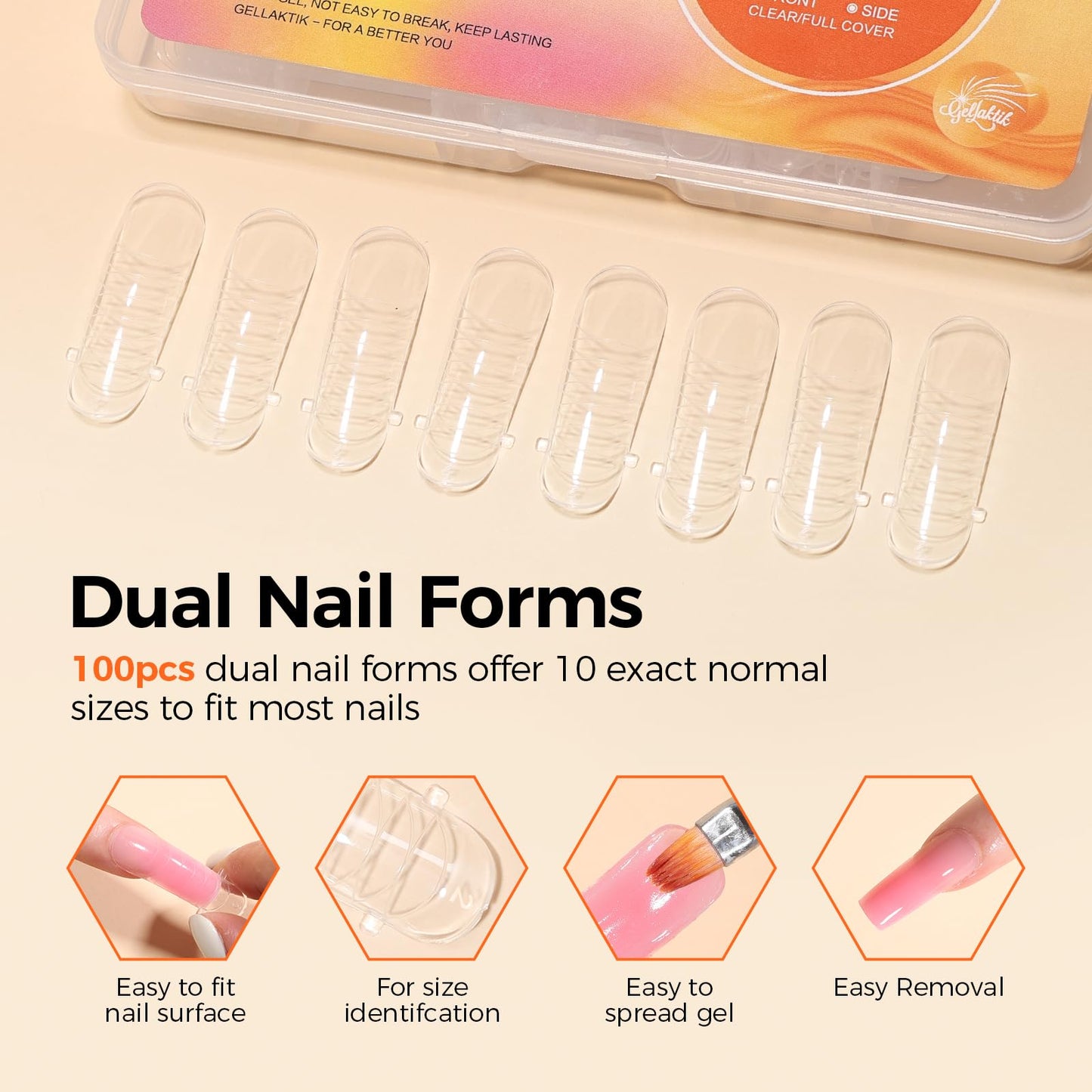 GELLAKTIK 100Pcs Nail Forms Kit, 10 Sizes Reusable Dual nail Forms for Poly Gel & Builder Gel, 120ml Slip Solution Liquid, 6 Clips, Dual-Ended Brush, Nail Art Cup, DIY Pedicure Kit for Beginners