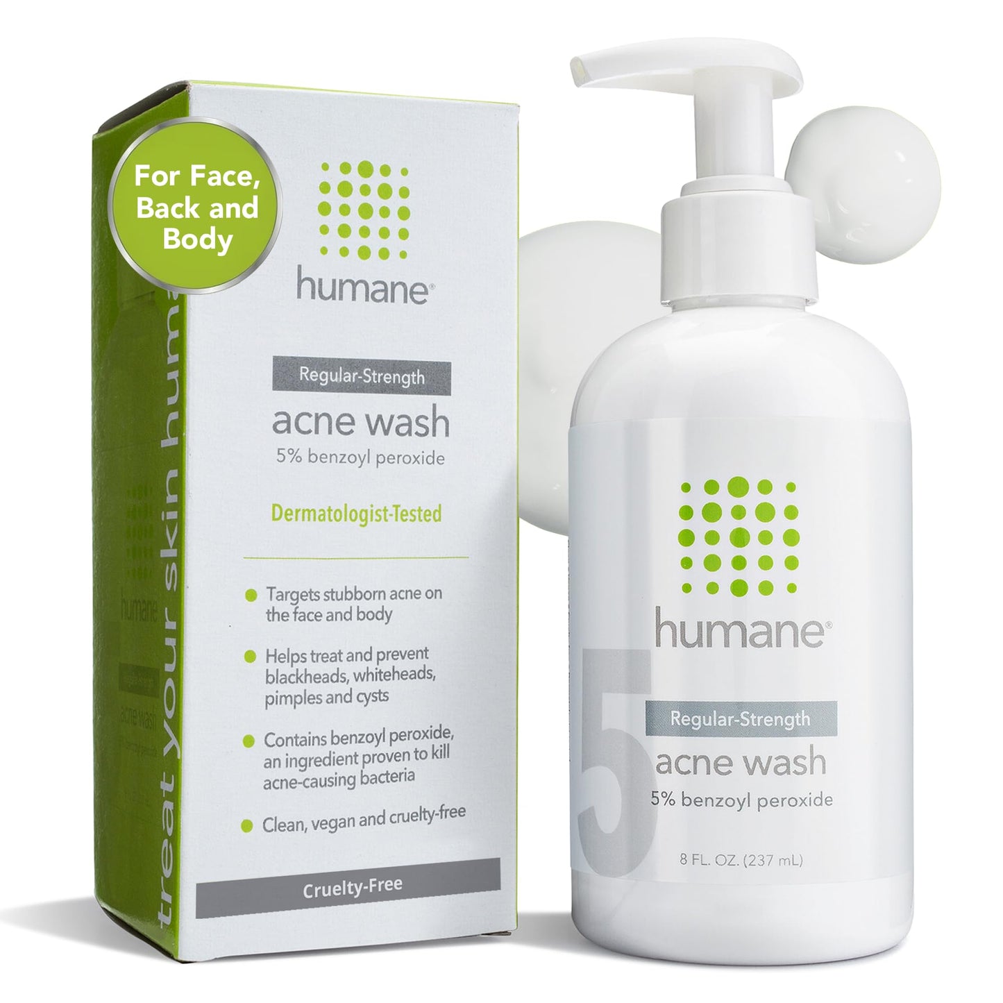 humane Benzoyl Peroxide Face Wash - 5% Regular-Strength Acne Face Wash For Skin, Back & Body - 8 Fl Oz - Dermatologist-Tested Non-Foaming Cleanser - Benzoyl Peroxide Acne Treatment - Cruelty-Free