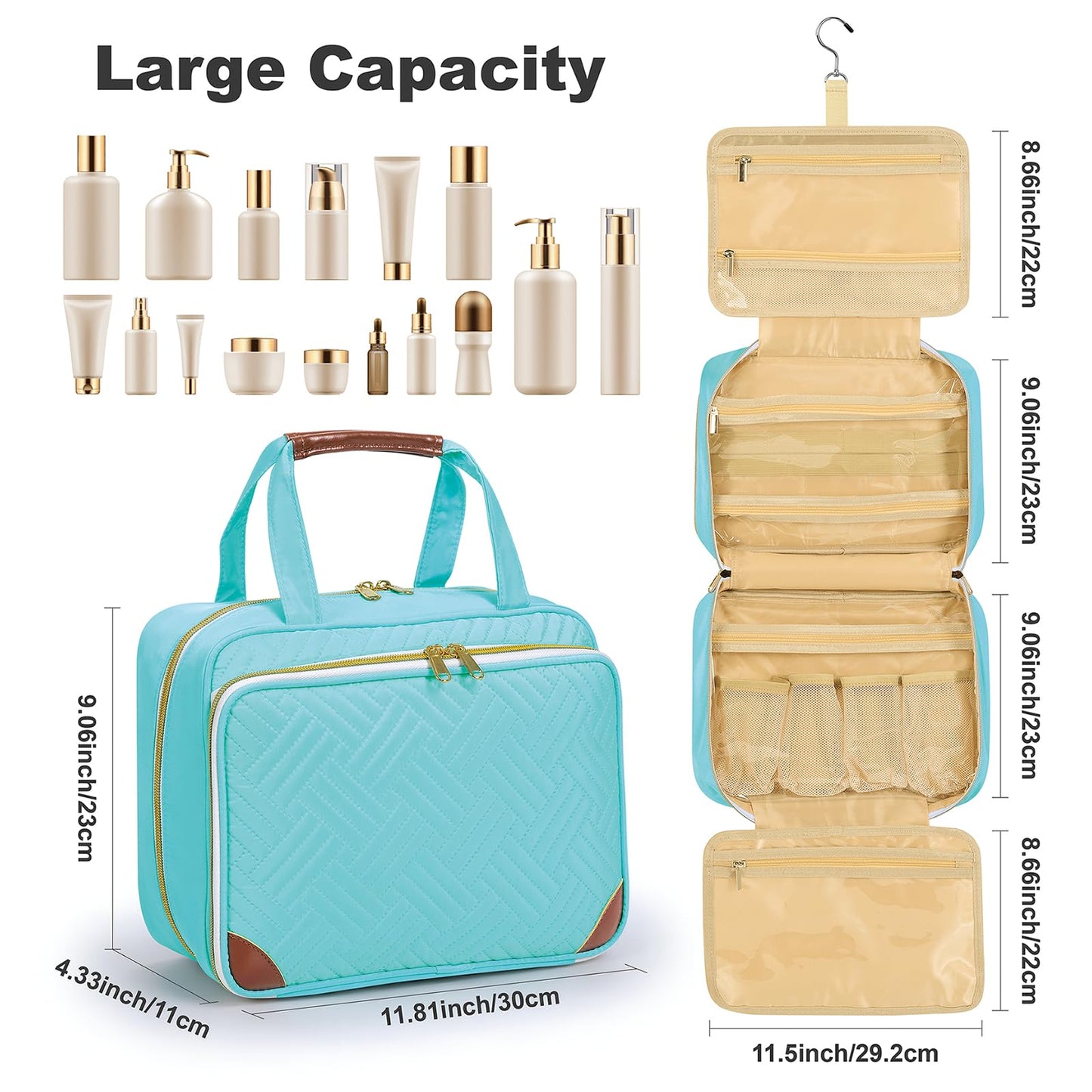 LANDFOBO Toiletry Bag for Women, Hanging Travel Toiletry Bag with Jewelry Organizer Compartment Large Makeup Bag, Cosmetic for Travel Business Trips Camping Bathroom Lake Green