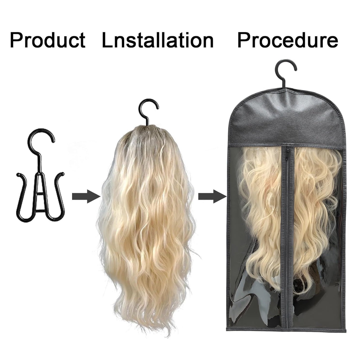 Kneysan 12-PCS Wig Storage Bags with Hangers – Premium Hair Extension Organizer for Multiple Wigs, 60cm x 30cm Dust-Proof Closet Savers (Black)