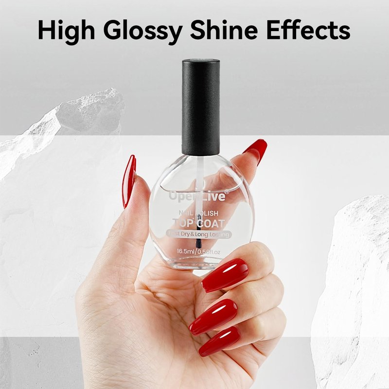 OpenLive 2Pcs Glossy Top Coat Clear Nail Polish, Quick Air Dry Regular Nail Polishes, High Shine Finish Long-Lasting Color Protection No Chip Vegan Non-gel Salon Nail Art Gift for Women