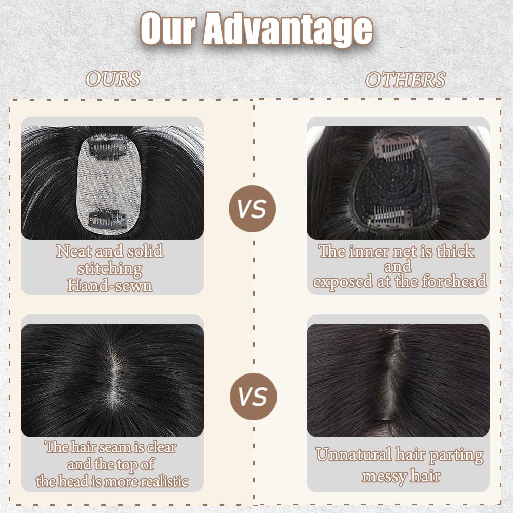 Real Human Hair Toppers for Women - 3D Clip-In Bangs with Natural Scalp Line | 1B Color, 5x9 Size