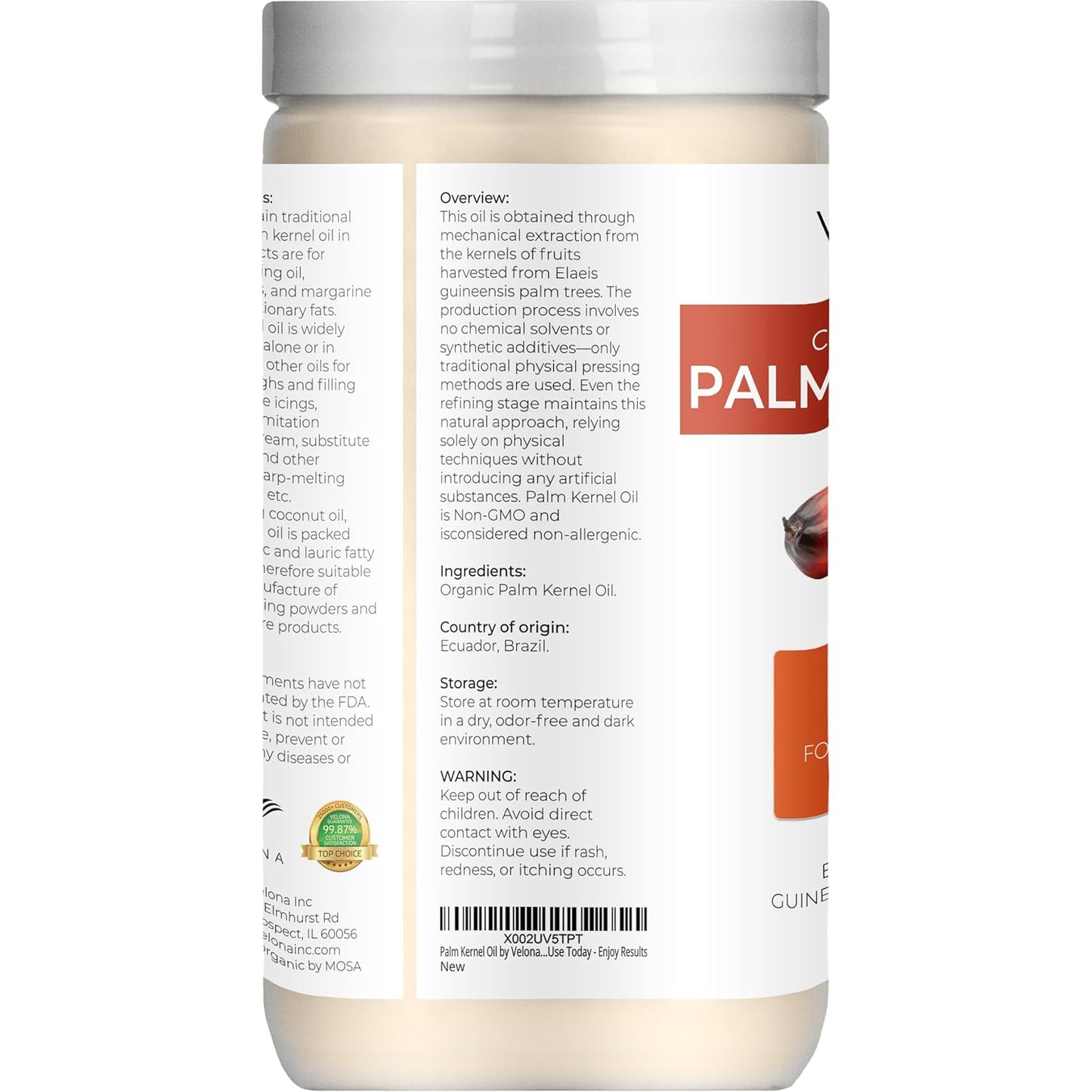 Organic Palm Kernel Oil - 100% Pure Cold Pressed Carrier Oil | 32 Fl Oz for Face, Hair & Skin Care