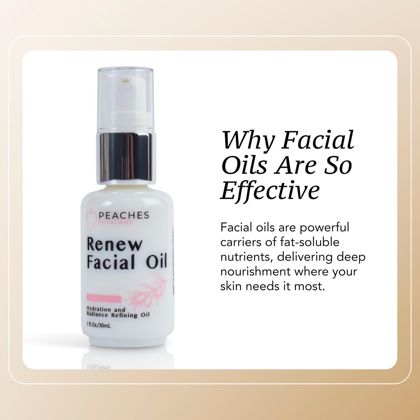 Peaches Skin Care Renew Facial Oil – Squalene-Rich Olive Oil for Face with Vitamin C and E – Nourishing Formula for Balanced, Smoother-Looking Skin – 1 oz