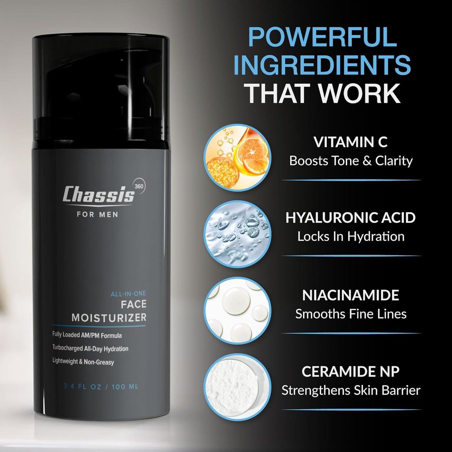 Chassis 360 All-In-One Face Moisturizer - Hydrating Lotion for Men with Vitamin C, Niacinamide & Hyaluronic Acid | 3.4 Fl Oz