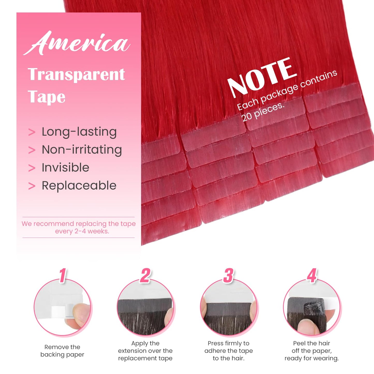 Aison Red Tape in Hair Extensions Human Hair 16 Inch 30G 100% Remy Human Hair Extensions Silky Straight for Women 20 Pcs/Package
