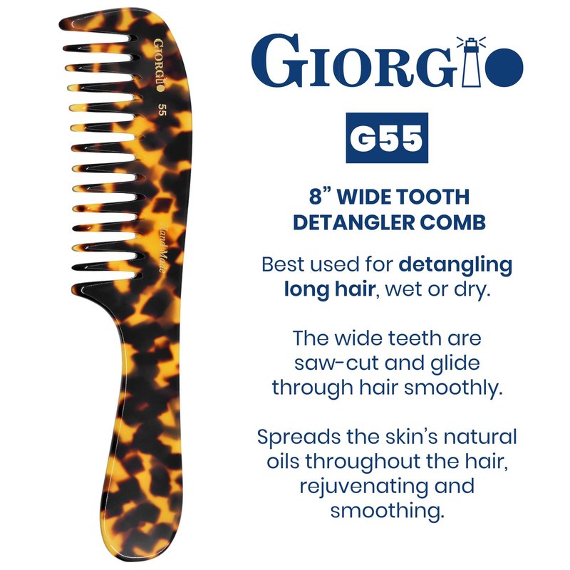 Giorgio G55 TY Wide Tooth Comb for Wet Hair Detangling Comb, Hair Comb for Thin to Medium Thickness Hair Detangler, Hair Combs for Women, Handmade Large Tooth Comb Rake Comb Saw-Cut and Hand Polished