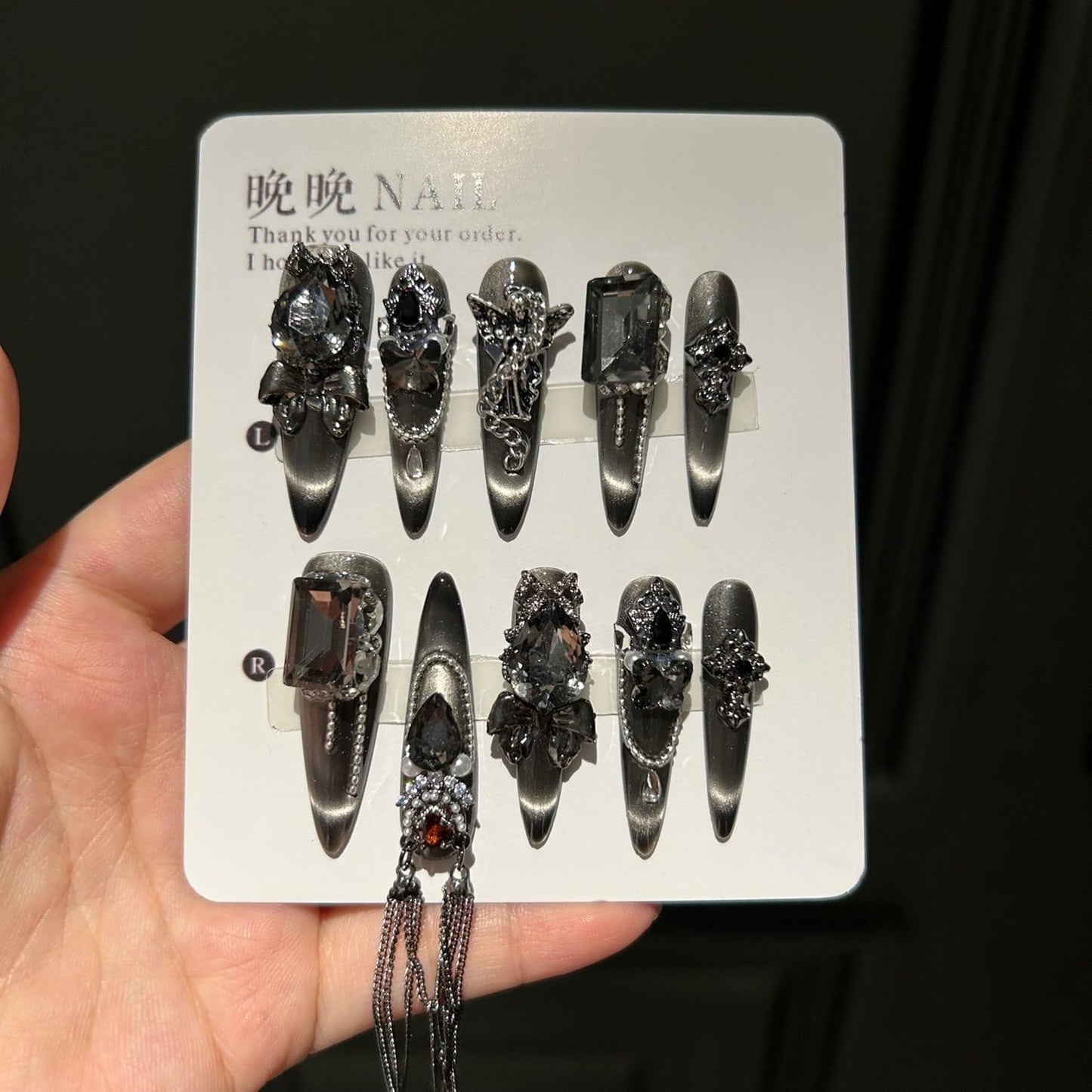 Luxury Press on Nails Long Almond Handmade 3D Unique Reusable ABS Material Fake Nails Black Gothic False with Designs Chain Rhinestones Charms Glitter Glossy Glue on Nails Thick Acrylic Nails(S)