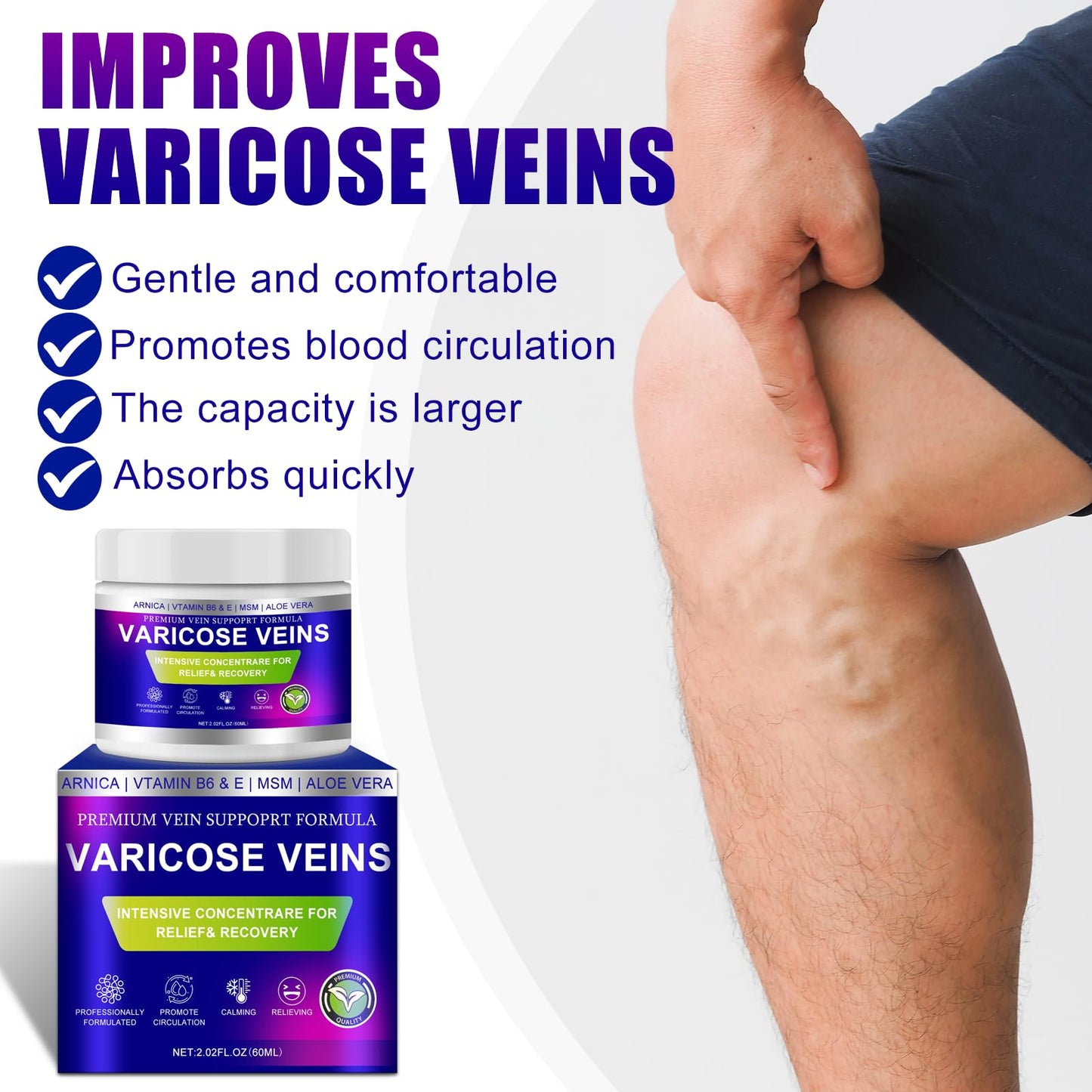 Yongsenina Varicose Veins Cream, Vein Cream & Spider Veins Treatment for Legs, Improves Blood Circulation and Relief From Heavy Fatigued Leg, Refreshing and Non-Sticky, 2PK