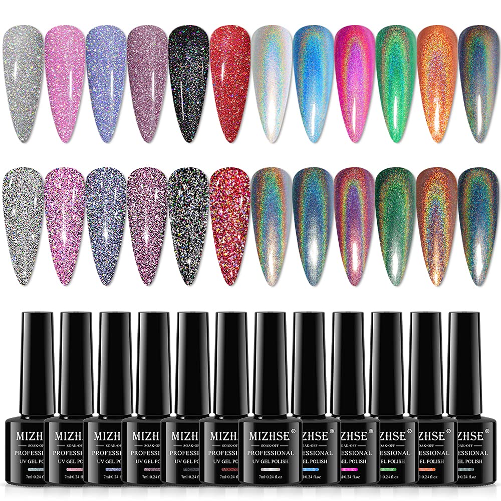 MIZHSE Gel Nail Polish Set - 6 Glitter & 6 Holographic Colors | High Pigment, Soak Off Manicure Art Gift for Women