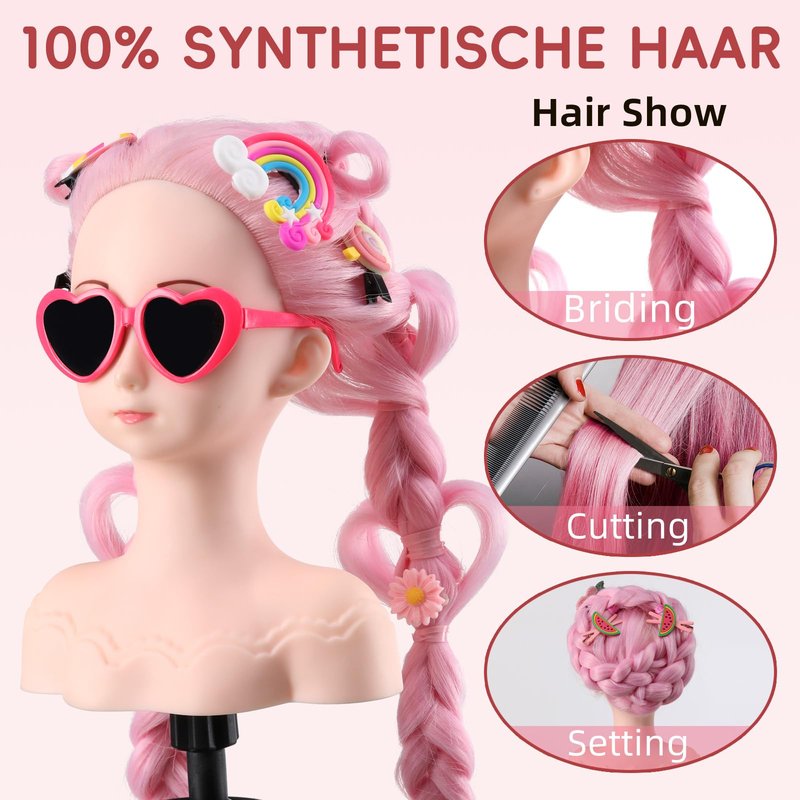 Anstar Mannequin Head with Hair, Doll Head for Hair Styling Training Head Manikin Practice Cosmetology Styling Hairdressing Training Braiding Heads with Clamp Holder (Pink)