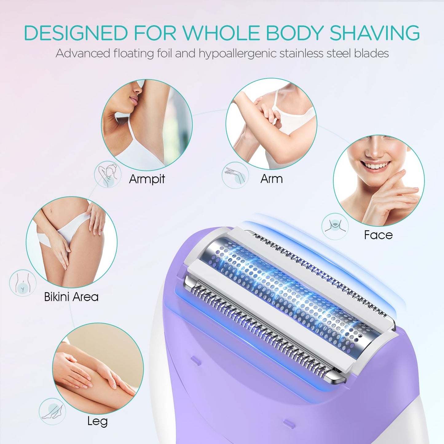 Epilator for Women - Cordless 4-in-1 Hair Removal Device with 21 Tweezers | Purple HR310