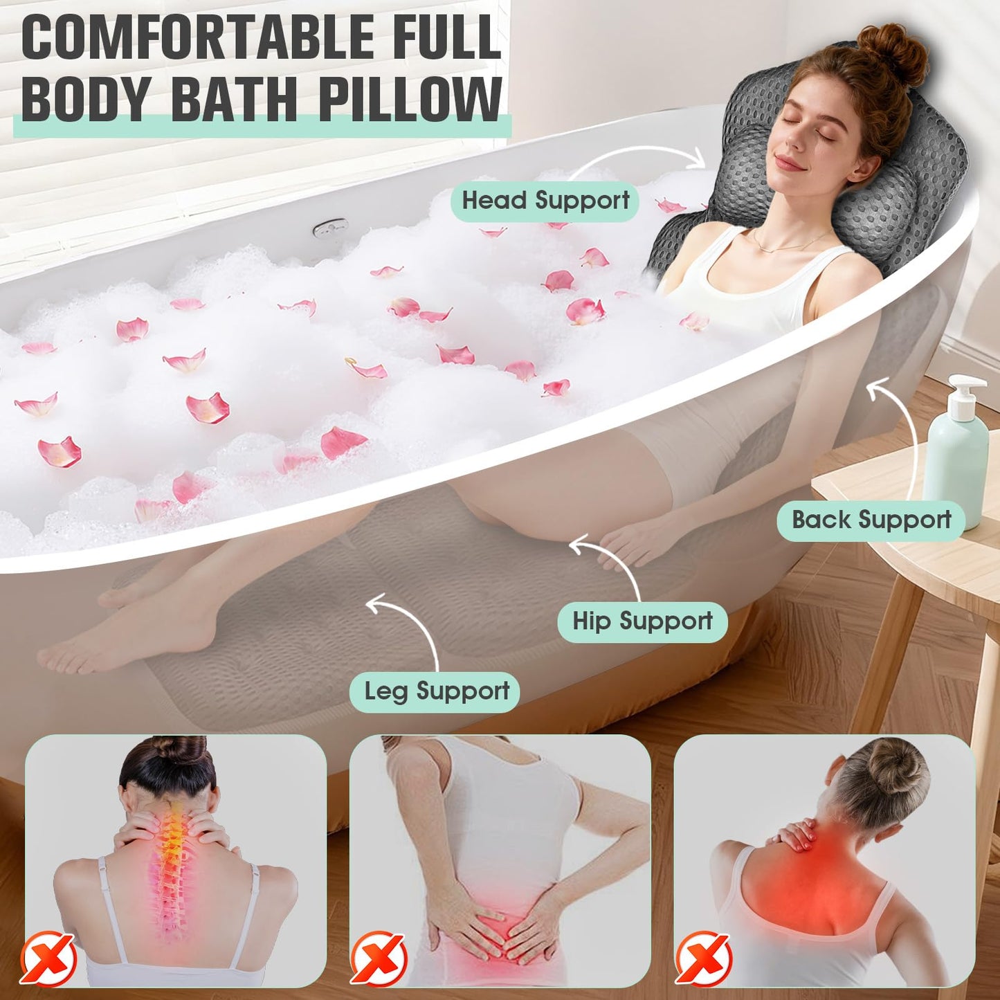 Upgraded Full Body Bath Pillow for Bathtub,Luxury Thick Bath Cushion for Soaking Tub with 192 Suction Cups,Full Body Bathtub Pillows for Head and Neck Shoulder Support,4D Air Mesh, 53" x 16" Dark Gray