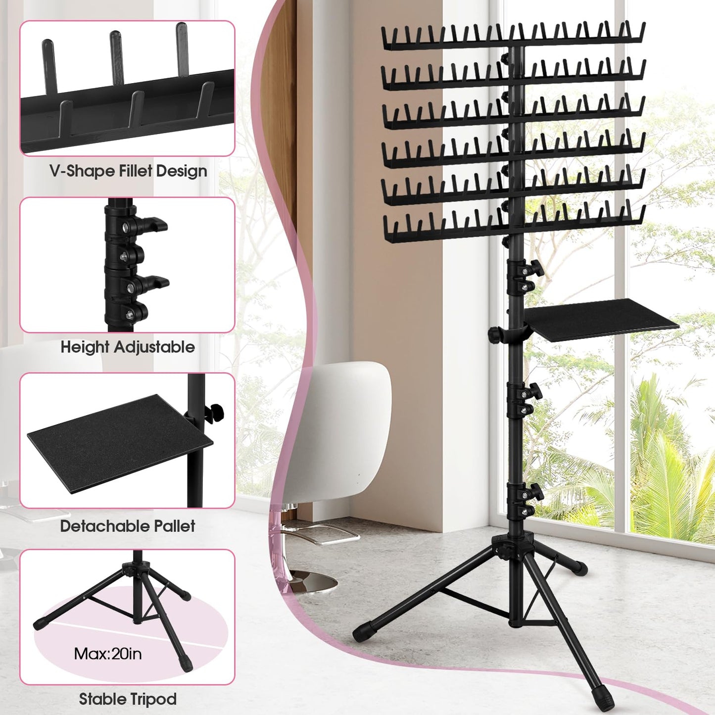 Klvied 144 Pegs Braiding Hair Rack Standing, Height Adjustable Hair Holder for Braiders with Accessory Tray & Carrying Bag, Heavy Duty Rolling Hair Organizer for Salon & Home (48.2"-62.9"), Black