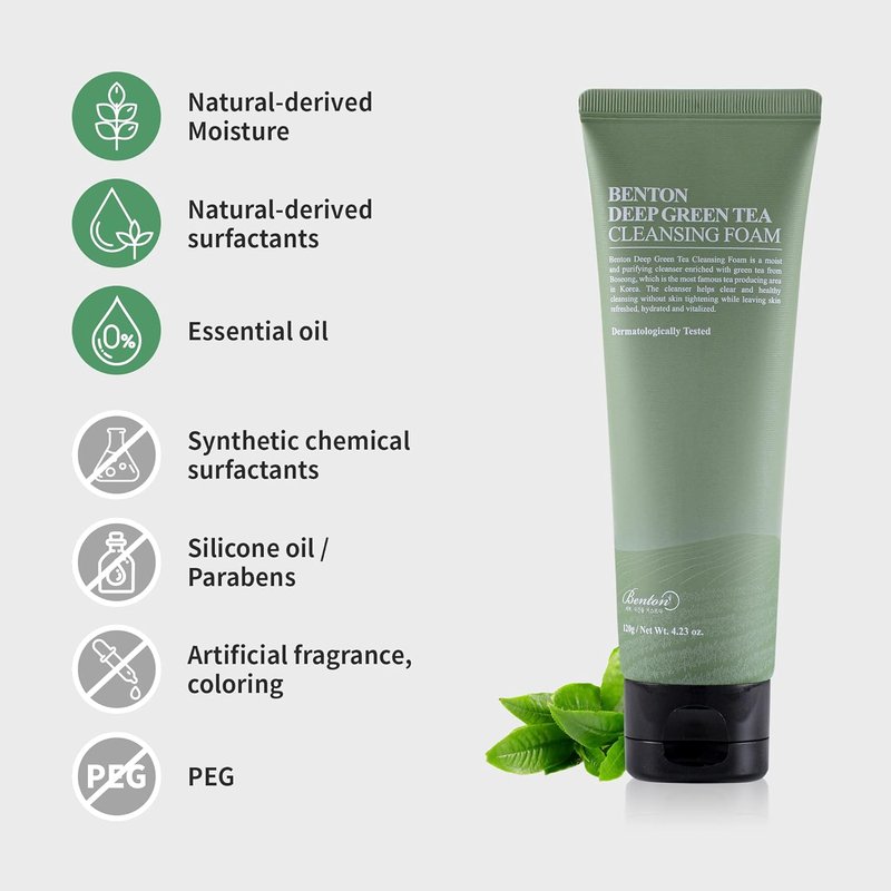 Benton Deep Green Tea Face Wash - Hydrating Korean Foaming Cleanser for All Skin Types | 4.23 oz.