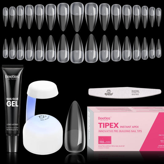 Beetles Tipex Instant Apex Nail Tips Kit, Medium Stiletto, 224PCS 16 Sizes 00-14, No Builder Gel Needed, 20g Solid Nail Glue, Mini UV Lamp