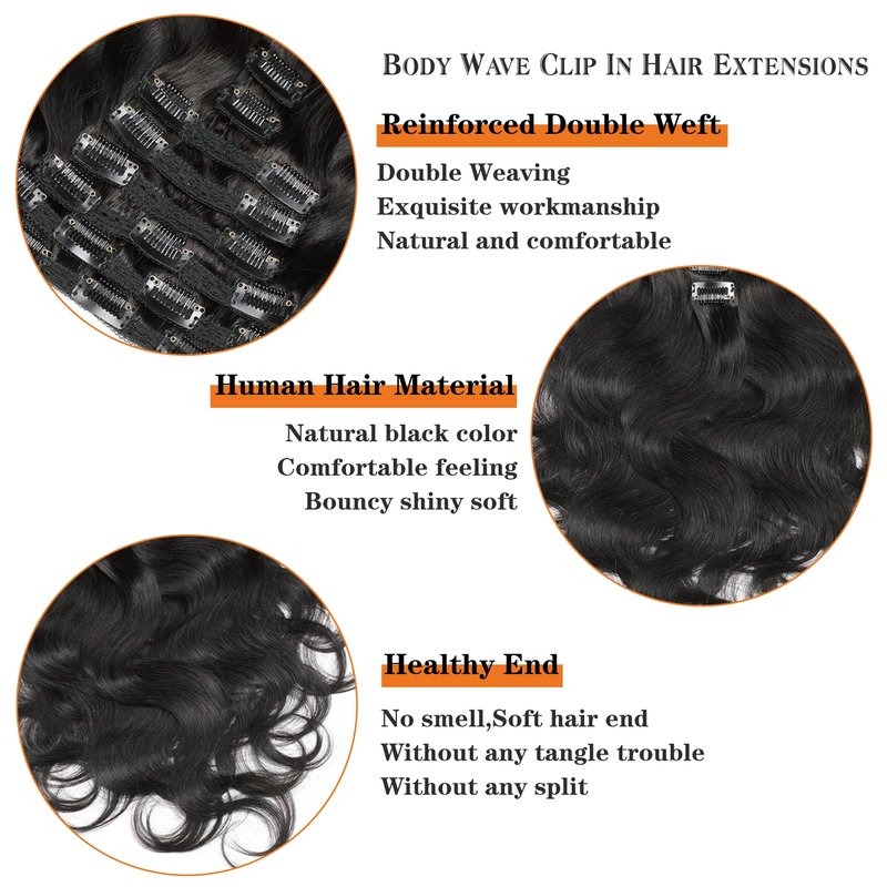 Yacurcur Body Wave Clip Ins Human Hair 8Pcs/Set 120 Gram Body Wave Clip in Hair Extensions 10A Brazilian Virgin Human Hair for Black Women Natural Black Color 22 Inch