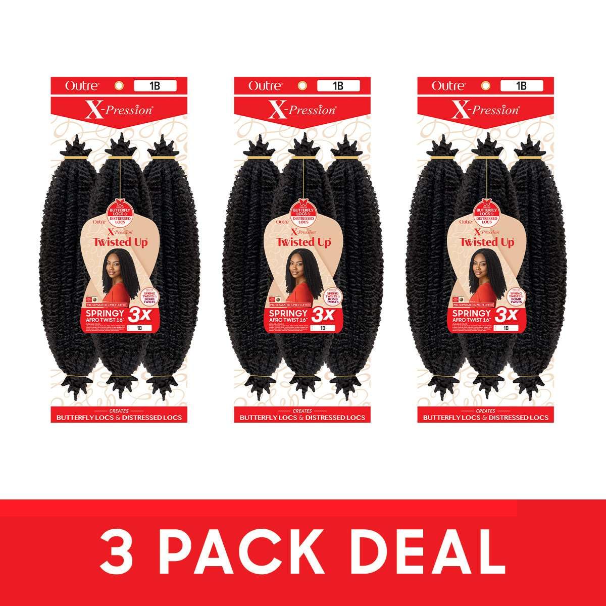 Outre X-Pression - Twisted Up - Springy Afro Twist 16" 3X (3 Pack, OFF BLACK 1B)