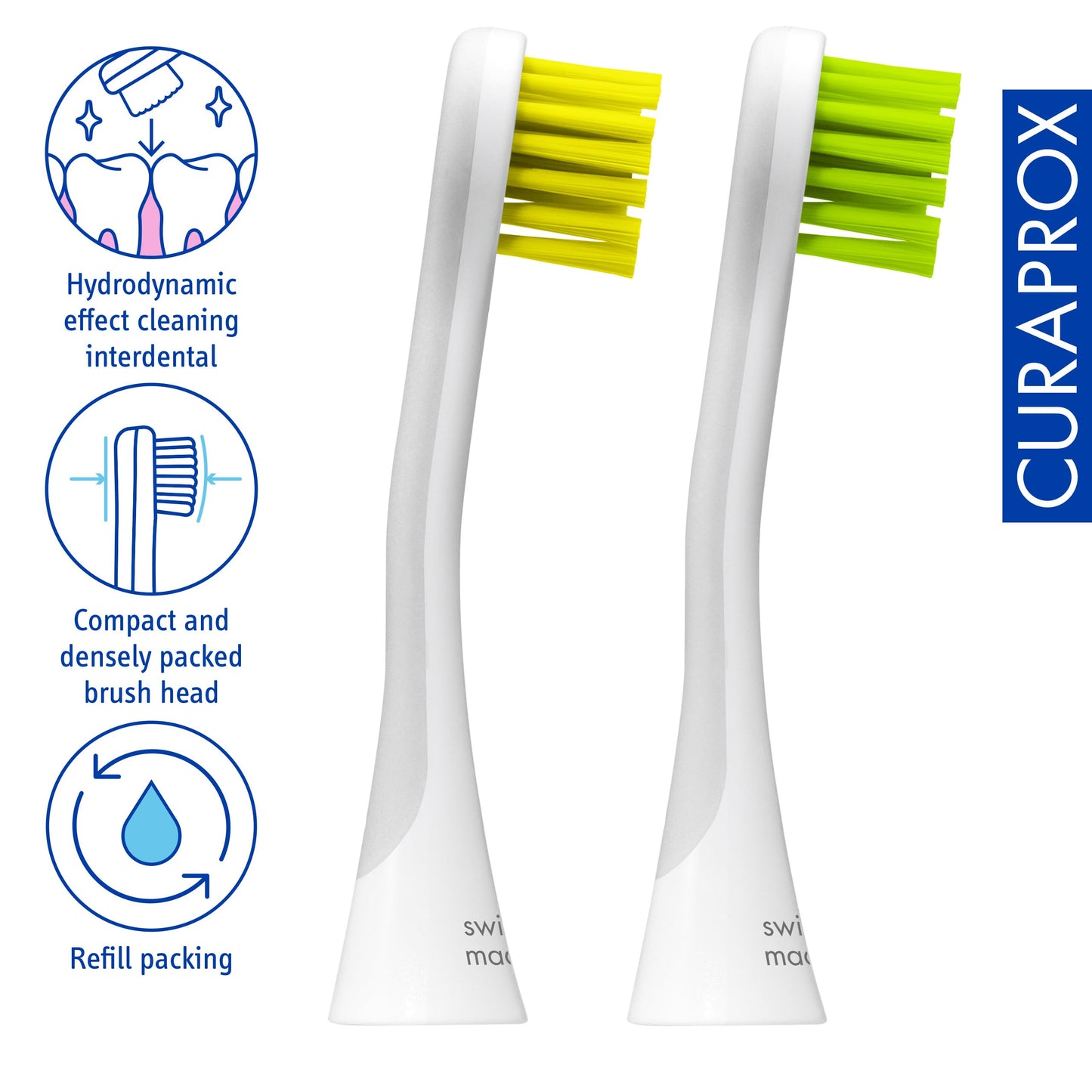 Curaprox Hydrosonic Brush Heads Rainbow Sensitive Duo – for Gentle Gum Care & Daily Cleaning | Yellow/Green, 2-Pack | Compatible with All Curaprox Sonic Models | Swiss Made