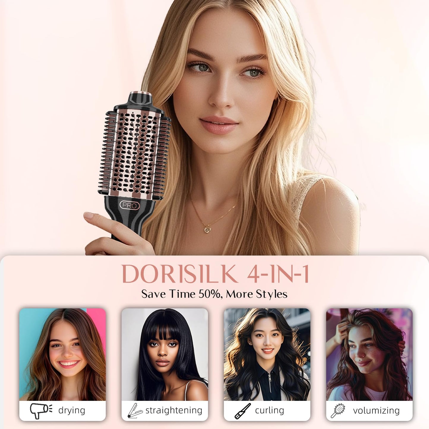 DORISILK 2.0 Upgraded Hair Dryer Brush Blow Dryer + Smooth Heated Comb, One Step Hot Air Brush Hair Straightener, 4 in 1 Blowout Hair Dryer and Styler Volumizer Straightener Curler, Rose Gold + Black