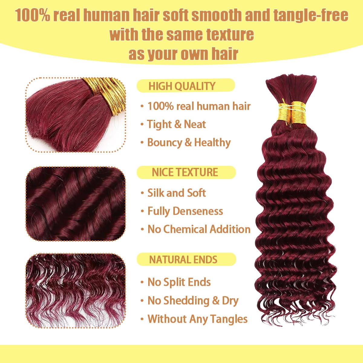 Human Braiding Hair for Boho Braids 16 Inch 110g 2 Bundles/Pack Deep Wave 12A Curly Brazilian Virgin Hair Extensions No Weft Knotless Bulk 1B Black (Deep Wave - 99j, 16 Inch - 110g)