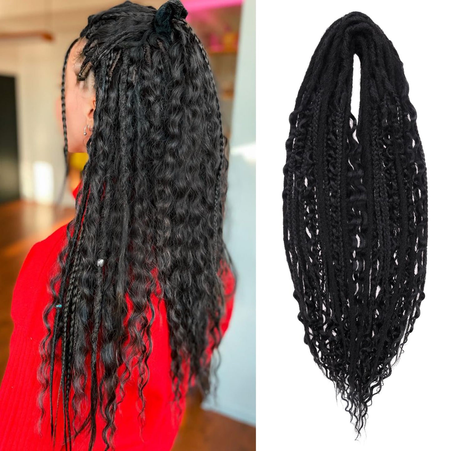 Leeven 30 Strands Double Ended Dreadlock Extensions 24 Inch Black Thin Synthetic Boho Dreads 3 Style Mixed Full Set Wool DE Viking Dread Braid in Soft Wavy Curly Hippie Dreads for Women Men