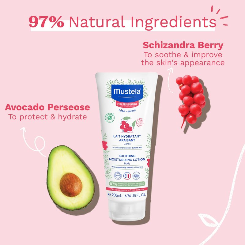 Mustela Baby Soothing Lotion - Moisturizing Body Lotion for Very Sensitive Skin - with Natural Avocado & Schizandra Berry - Fragrance-Free - 6.76 fl. Oz
