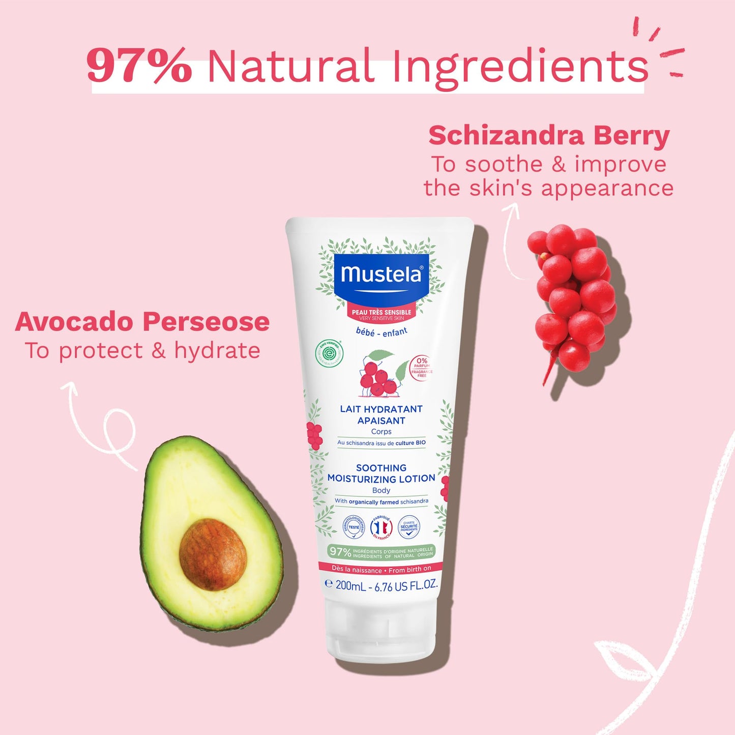 Mustela Baby Soothing Lotion - Moisturizing Body Lotion for Very Sensitive Skin - with Natural Avocado & Schizandra Berry - Fragrance-Free - 6.76 fl. Oz
