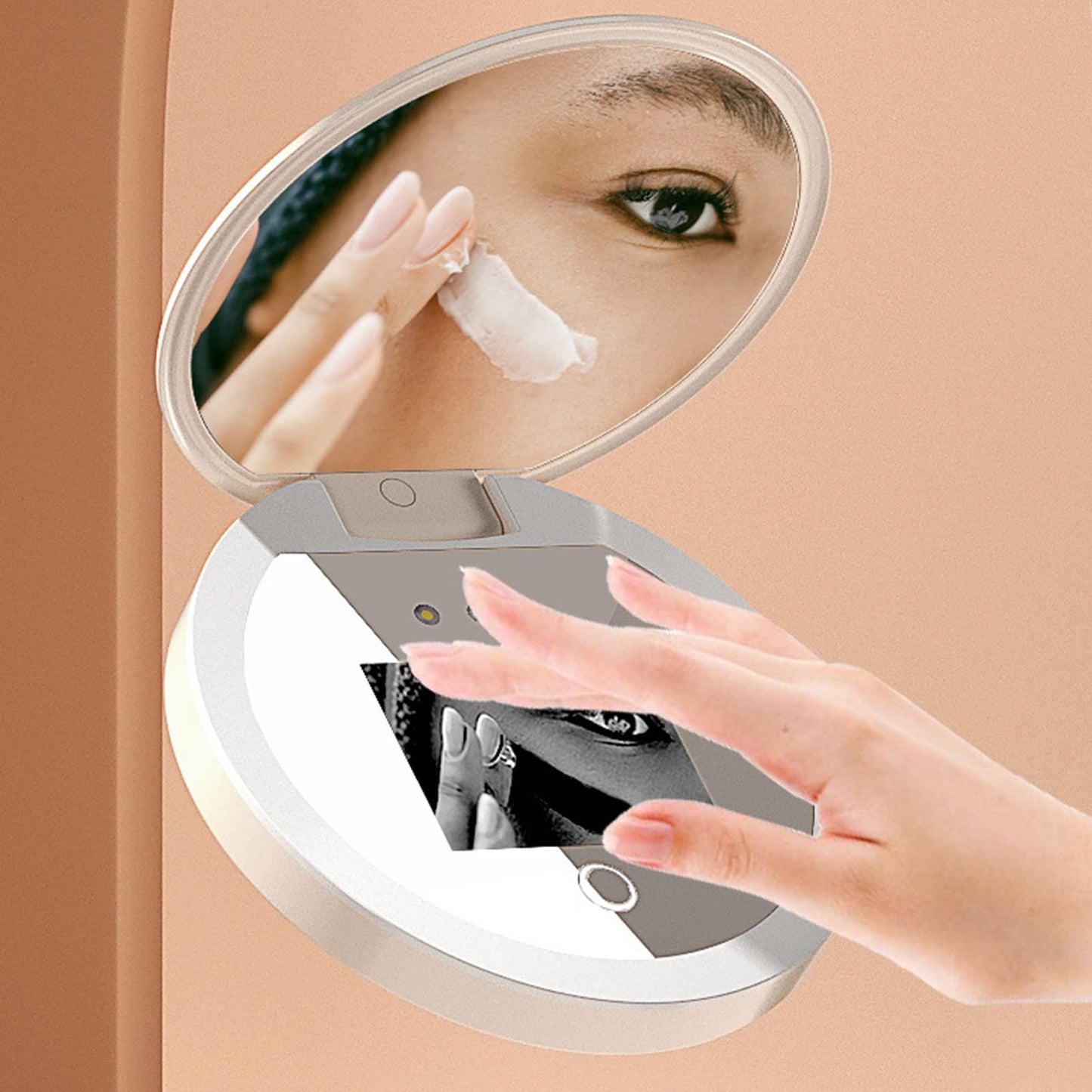 Yunir Mirror Sunscreen Testing Camera, 2X Magnification Lighted Travel Makeup Mirror with Rechargeable, Round 3.5inch Pocket Mirror with Folding for Outdoor